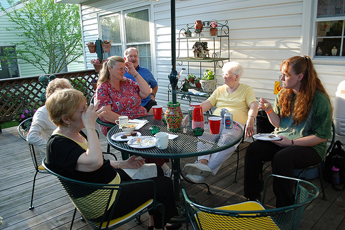 L-R, Grandma, Aunt Rosemary, Aunt Pat, Uncle Jimmy, Nana, Maryanne in the back yard at Nana's house.